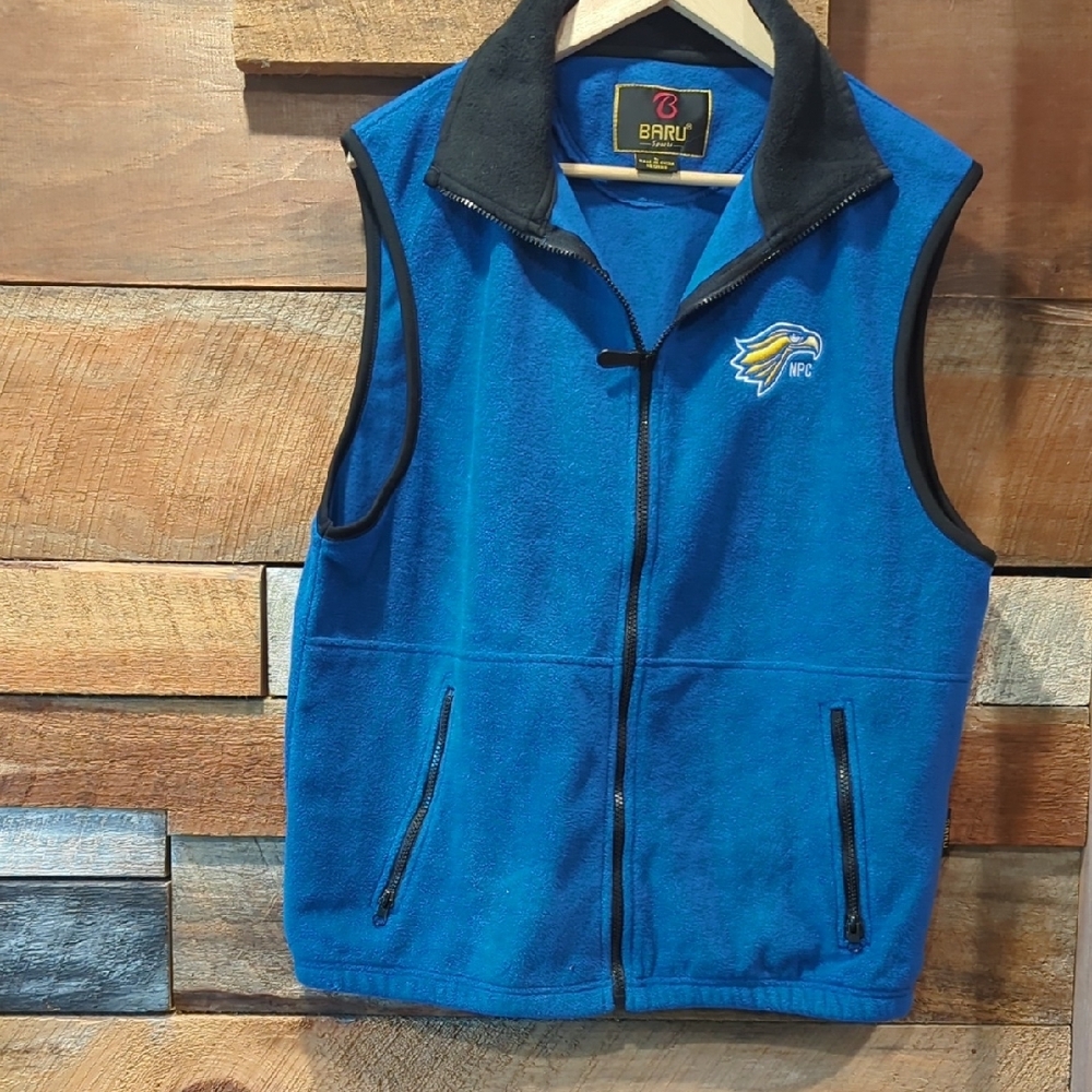 Vibrant Blue Fleece Vest with Black Trim and Stand-Up Collar
